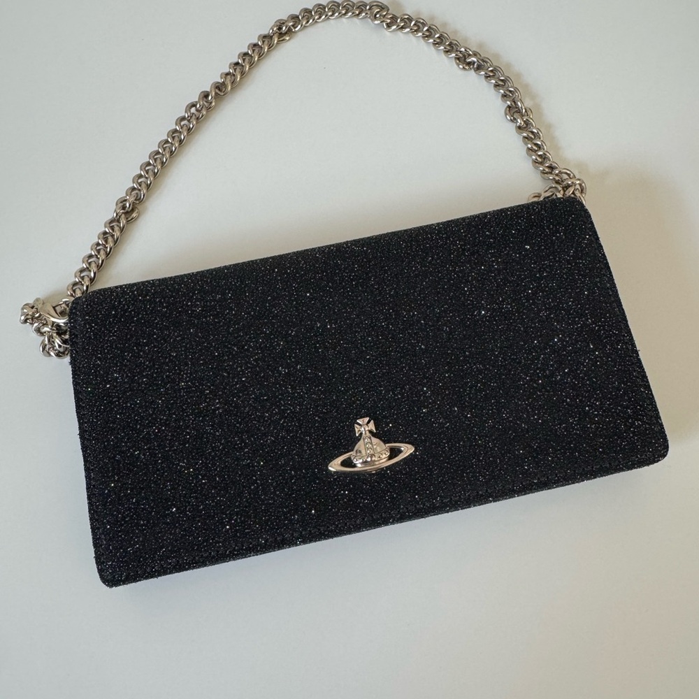 Vivienne Westwood Glitter Black Clutch/Wallet on Chain with Silver Chain